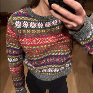 Zara Gray Fair Isle Crewneck Sweater with Multicolor Pattern